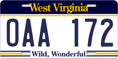 WV license plate OAA172
