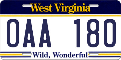 WV license plate OAA180