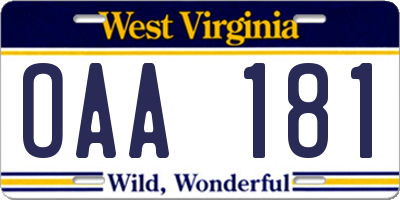 WV license plate OAA181