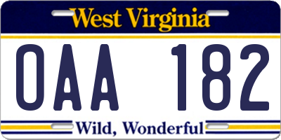 WV license plate OAA182