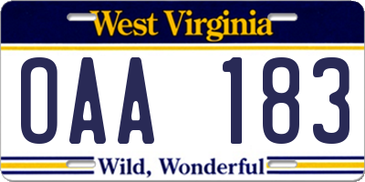 WV license plate OAA183