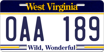 WV license plate OAA189