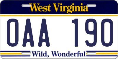 WV license plate OAA190