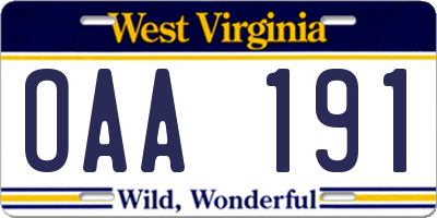WV license plate OAA191