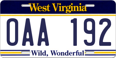 WV license plate OAA192