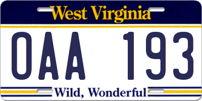 WV license plate OAA193