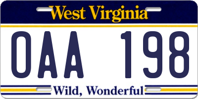 WV license plate OAA198