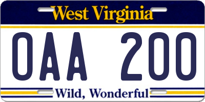 WV license plate OAA200
