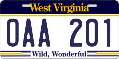 WV license plate OAA201