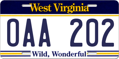 WV license plate OAA202