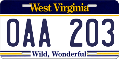 WV license plate OAA203