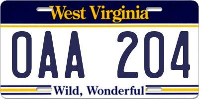 WV license plate OAA204