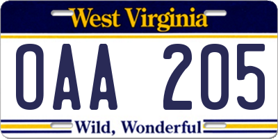 WV license plate OAA205