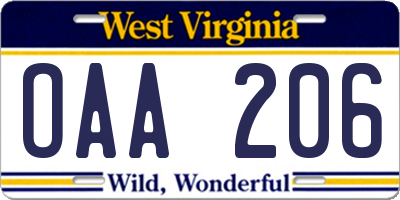 WV license plate OAA206