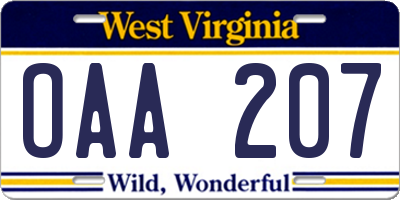 WV license plate OAA207