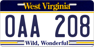 WV license plate OAA208