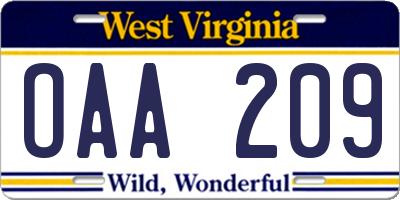 WV license plate OAA209