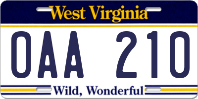 WV license plate OAA210
