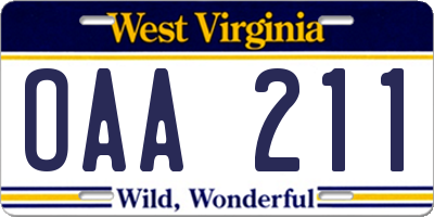 WV license plate OAA211