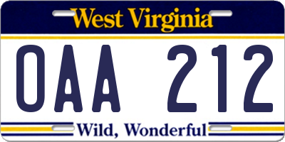 WV license plate OAA212