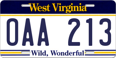 WV license plate OAA213