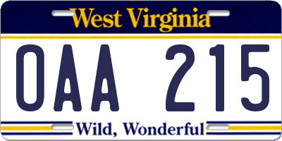 WV license plate OAA215