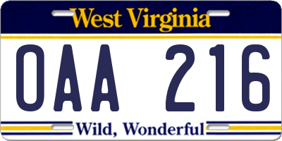 WV license plate OAA216