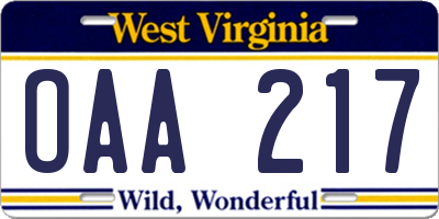 WV license plate OAA217