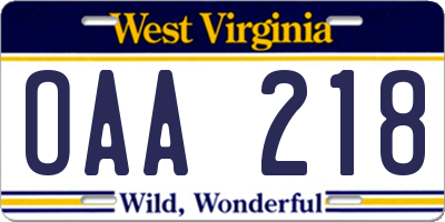 WV license plate OAA218