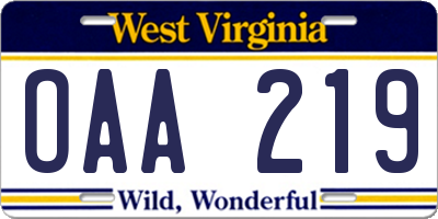 WV license plate OAA219
