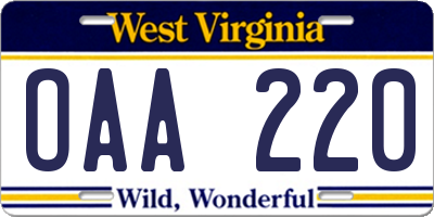 WV license plate OAA220