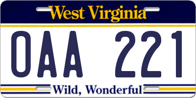 WV license plate OAA221