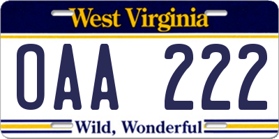 WV license plate OAA222