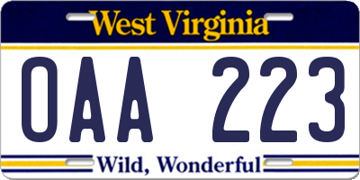 WV license plate OAA223