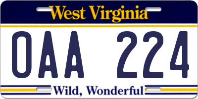 WV license plate OAA224