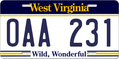 WV license plate OAA231