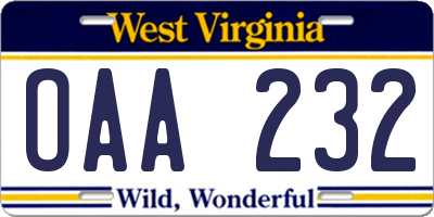 WV license plate OAA232