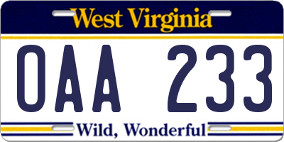 WV license plate OAA233