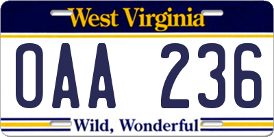 WV license plate OAA236