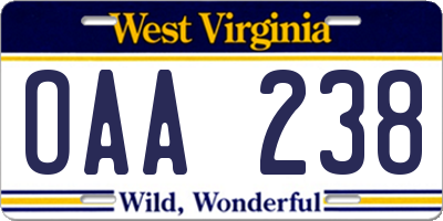 WV license plate OAA238
