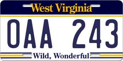 WV license plate OAA243