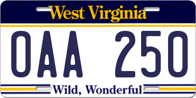 WV license plate OAA250