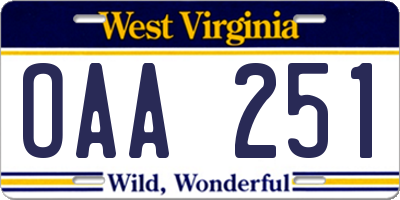 WV license plate OAA251