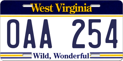 WV license plate OAA254