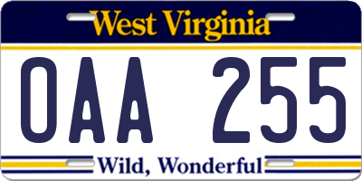 WV license plate OAA255