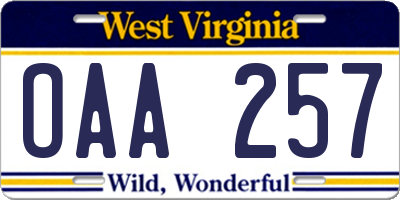 WV license plate OAA257