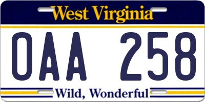 WV license plate OAA258