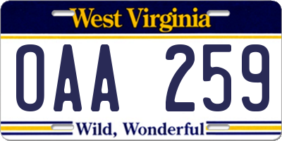 WV license plate OAA259