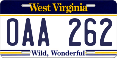 WV license plate OAA262