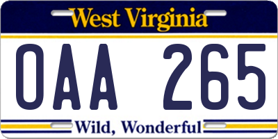 WV license plate OAA265